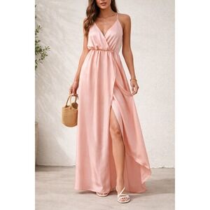 NWT Ivory and Chain Pink Formal Satin Midi Dress V-Neck Sleeveless Size 10